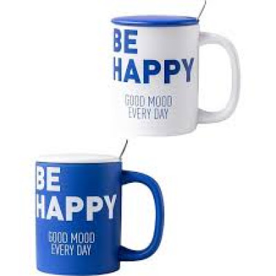 Кружка керамика " Be Happy" с крышкой и ложкой 400 мл в п/у