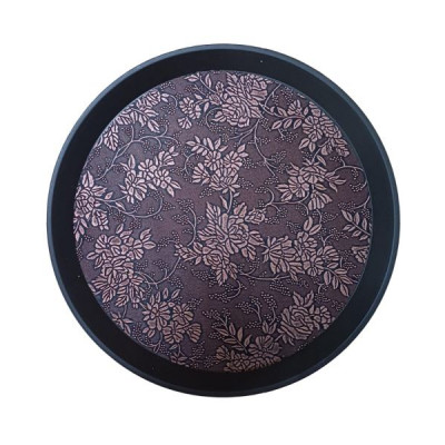 Поднос круглый 30см "Цветочная роспись" корич. с антискользящим покрытием, пластик