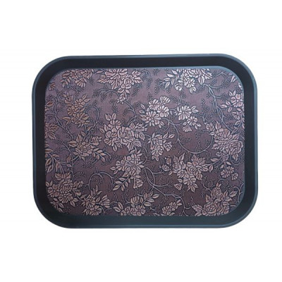 Поднос прямоугольный 45*35см "Цветочная роспись" корич. с антискользящим покрытием, пластик