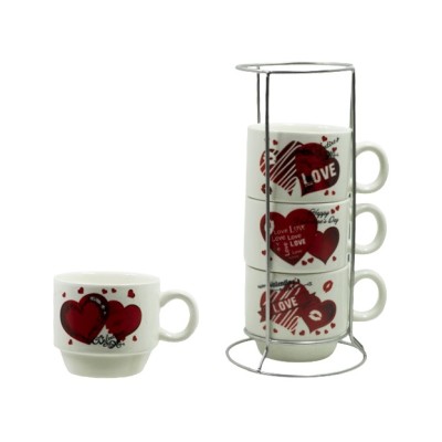 Кофейный набор 5пр (4 чашки на подставке) Красное сердце