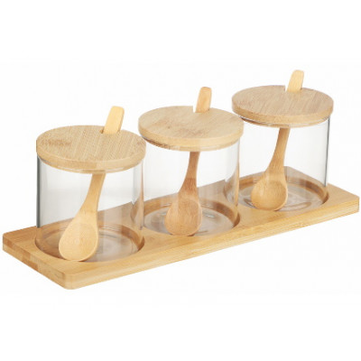 Набор стеклянных банок 3шт.+бамбуковые крышки 8*8см 300мл