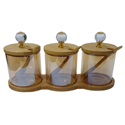 Набор стеклянных банок 3шт.+бамбуковые крышки 8*8см 300мл