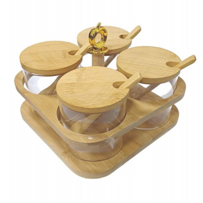 Набор стеклянных банок 4шт.+бамбуковые крышки 8*8см 300мл