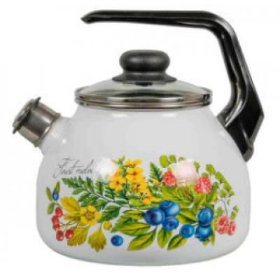Чайник 3,0л эмаль со свистком белый с рис.ЛЕСНАЯ МЕЛОДИЯ