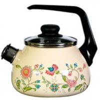 Чайник 3,0л эмаль со свистком палевый с рис.ЛУГОВЫЕ ЦВЕТЫ