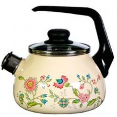 Чайник 3,0л эмаль со свистком палевый с рис.ЛУГОВЫЕ ЦВЕТЫ